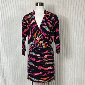 Vintage Cache Faux Wrap Multicolor Buckle Accent 3/4 Sleeve mini dress L